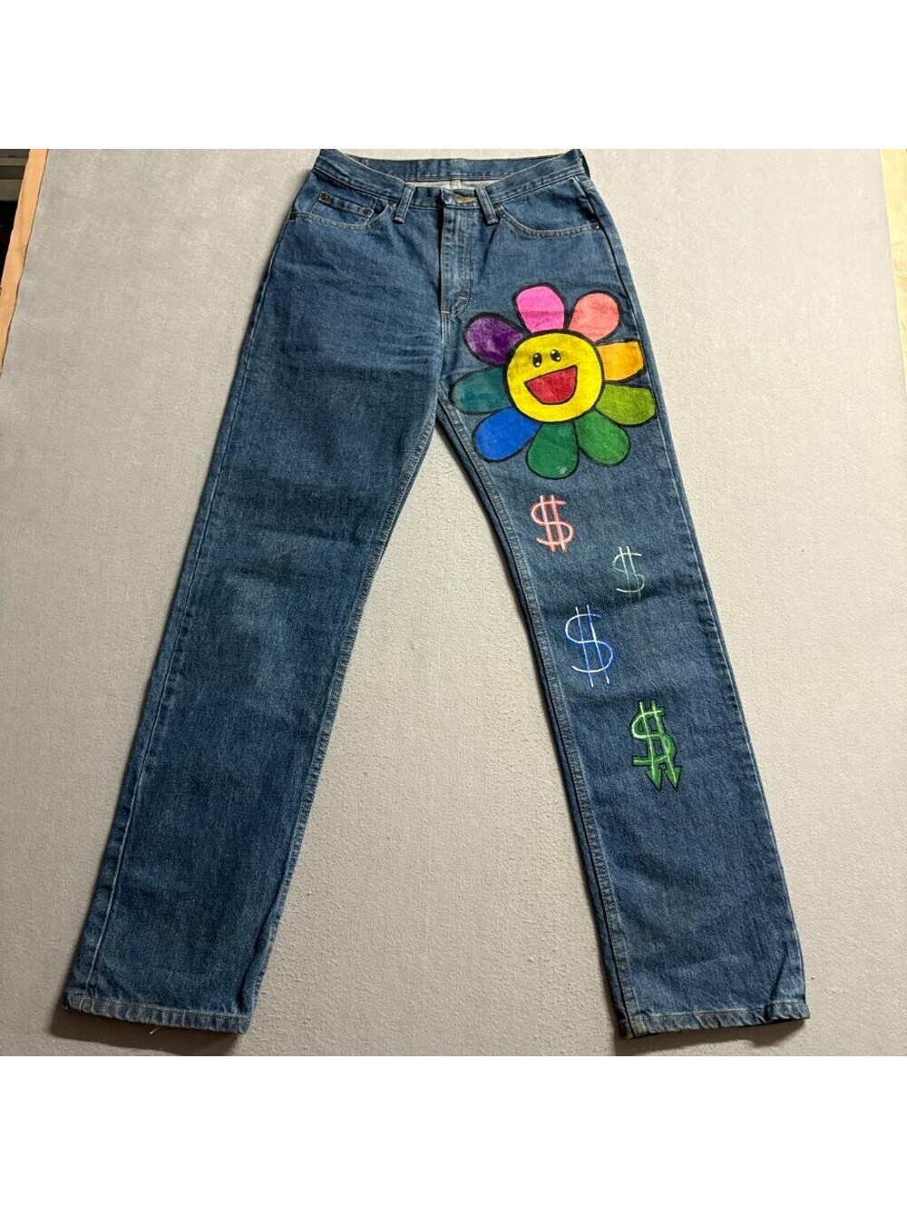 Wrangler Custom Painted Jeans Mens 29x32 Takashi Murakami Style Flower Dollar
